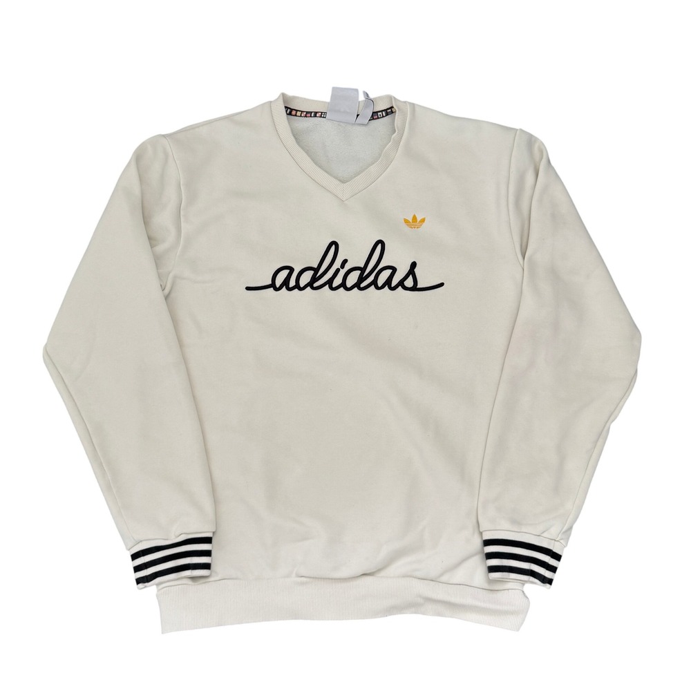 Adidas Originals Womens V-Neck Sweatshirt Cream Script Logo Trefoil Size M